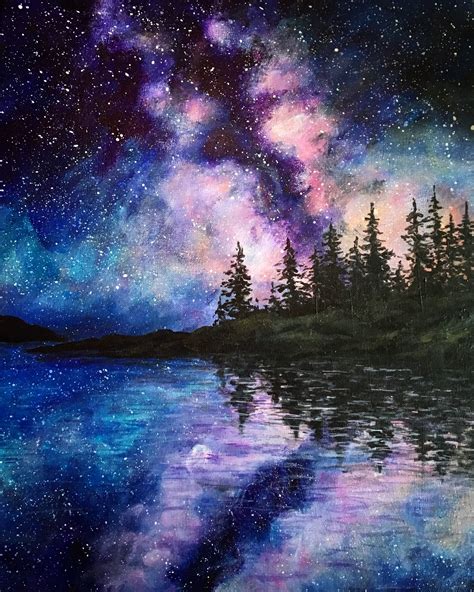 Midnight Lake Lake Painting Sky Painting Night Sky Painting