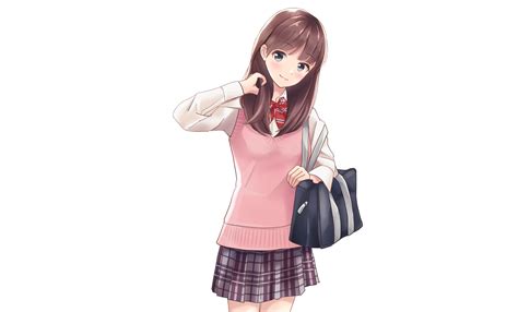 Original Anime Smile Anime Skirt School Uniform Blue Eyes Brown