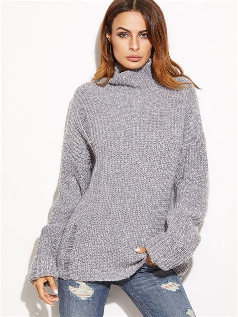 Grey Marled High Neck Ripped Oversized Sweater