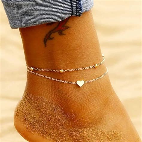 Simple Stainless Steel Heart Star Anklet Bracelet For Women Beads Leg Chain Foot Jewelry T