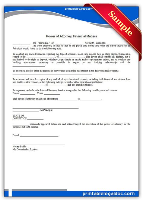 Free Printable Power Of Attorney Financial Matters Form Generic