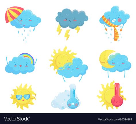 Colorful Weather Forecast Icons Funny Cartoon Sun Vector Image