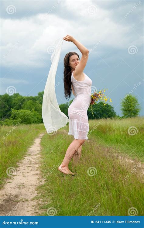 Girl In Wet White Dress With Bouquet Stock Image Image Of Moist