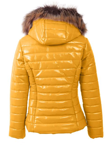 Womens Jacket Ladies Quilted Wet Look Shiny Padded Puffer Faux Fur Hooded Coat Ebay