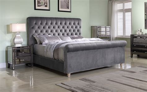 Best Master Furniture Jean Carrie Upholstered Sleigh Bed Cal King Grey Velvet