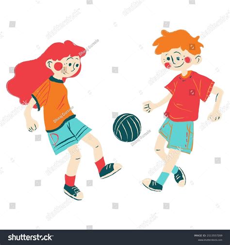 Colorful Cartoon Sketch Kids Playing Ball Stock Illustration 2113557209
