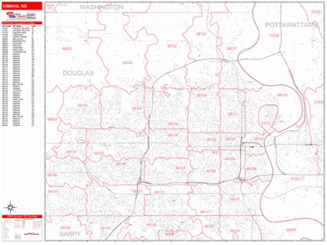 Omaha Nebraska Zip Code Wall Map Red Line Style By Marketmaps