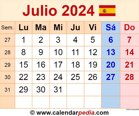 Calendario Julio En Word Excel Y Pdf Calendarpedia
