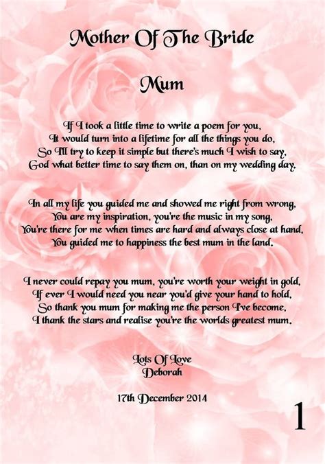 Mother Of The Bride Poem Printed On A5 Photo Paper Thick 260gms And