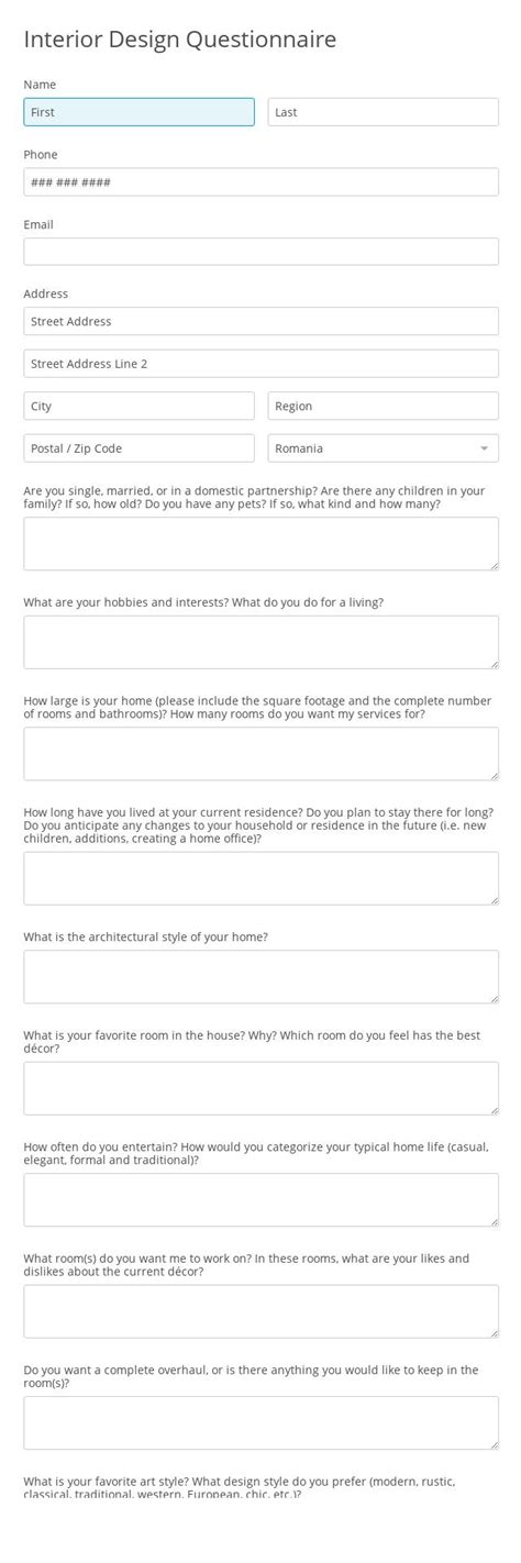 Interior Design Questionnaire Template 123formbuilder