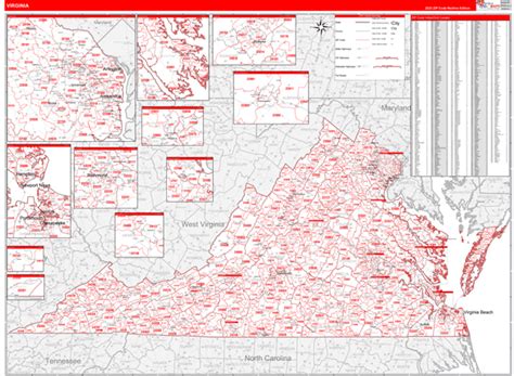 Virginia Zip Code Wall Map Red Line Style By Marketmaps Mapsales