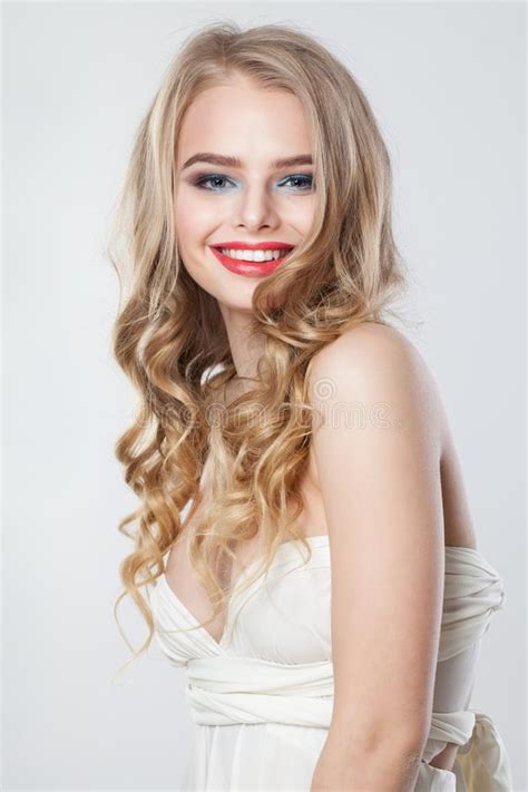 Cute Friendly Woman With Blonde Curly Hair Smiling Stock Image Image