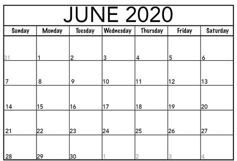 June Calendar 2020 Printable Templates Pdf Word Excel