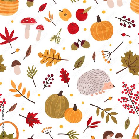 Autumn Hand Drawn Vector Seamless Pattern Fall Season Items Background
