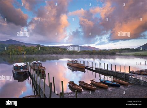 Boats On Derwent Water At Sunrise Keswick Lake District Cumbria