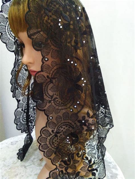 Black Embroidery Spanish Lace Mantilla Veil With Shinning Beads Lace