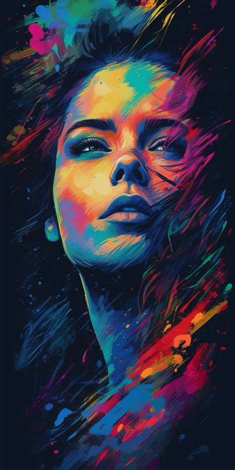 A Painting Of A Womans Face With Colorful Paint Splatters On It