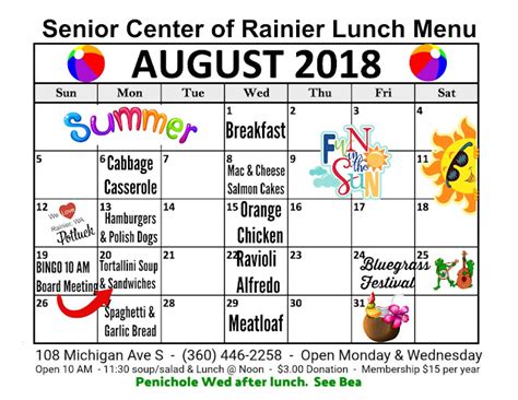 Senior Center Of Rainier News August 2018 Lunch Menu