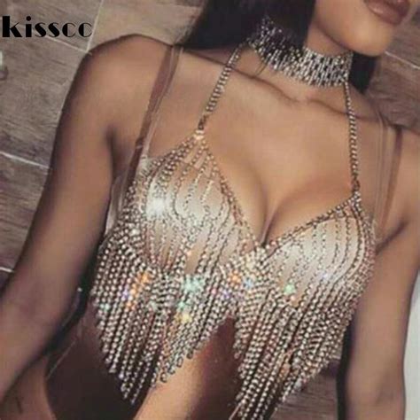 Kisscc Sexy Lentejuelas Diamante De Imitación Cadena De Metal Sujetador