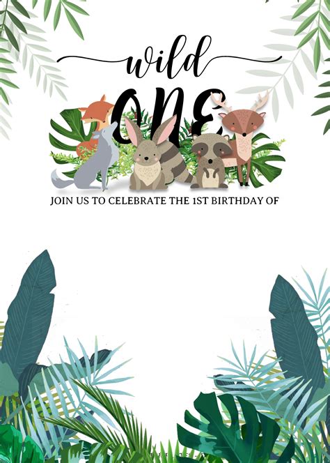 The Wild One Birthday Party Card Is Shown With Animals And Leaves In