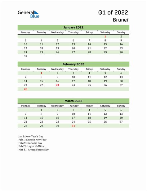 Quarterly Calendar 2022 With Brunei Holidays
