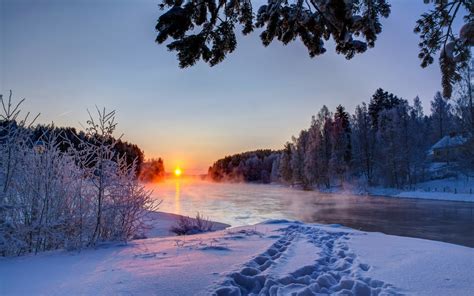 обои Солнечный лучик пейзаж природа снег Зима Восход Лед вечер Утро мороз Сумерки