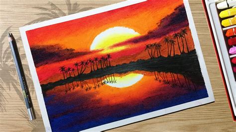 How To Draw Beautiful Sunset Scenery With Oil Pastels For Beginner Step