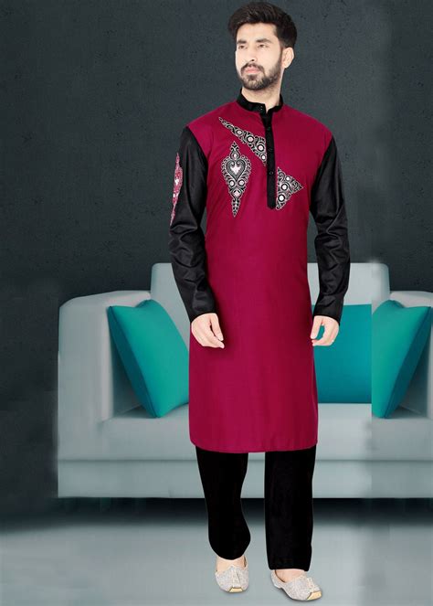 Maroon Embroidered Cotton Pathani Suit In 2020 Kurta Designs Casual