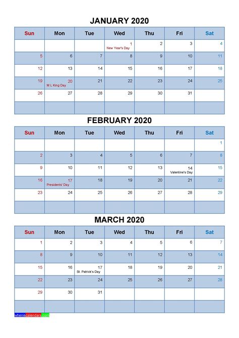 2020 Printable Quarterly Calendar Template Calendar Printables