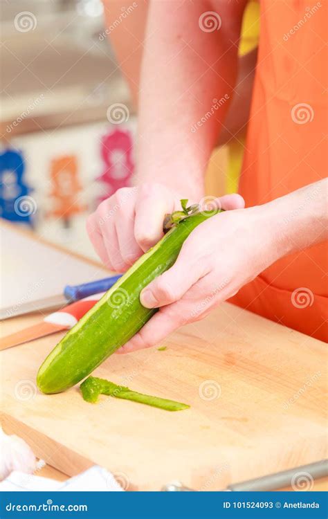 Man Preparing Vegetables Salad Peeling Cucumber Stock Image Image Of
