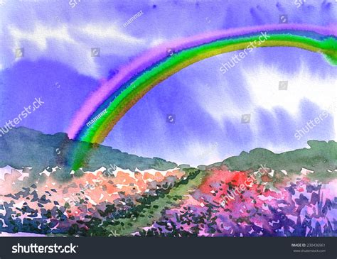 Watercolor Landscape Flower Rainbow Bluesky Original Stock Illustration