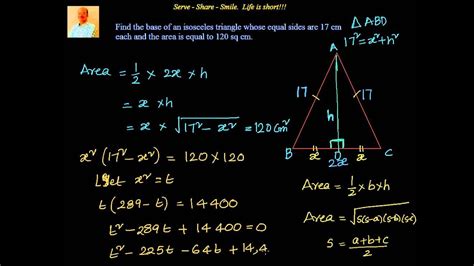 Here, a detailed explanation about the isosceles triangle area, its formula and derivation are given along with a few solved example questions to make it easier to have a deeper understanding of. Quadratic Equations: Example - Find the base of an ...