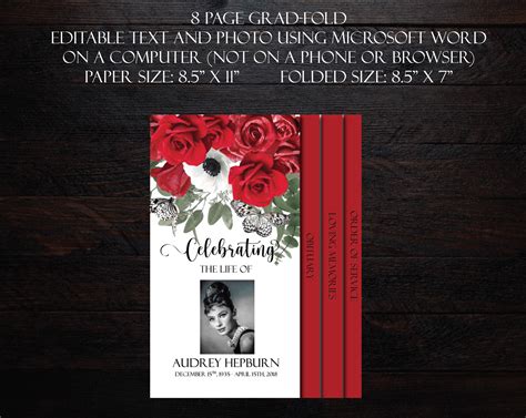 Red Roses Butterfly Funeral Program Template 8 Page Graduated Fold