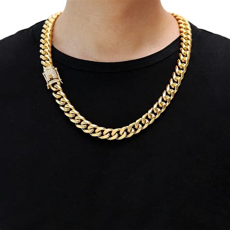 Hzman Mens 12mm Heavy Miami Cuban Link Chain 18k Gold Plated Cz Iced