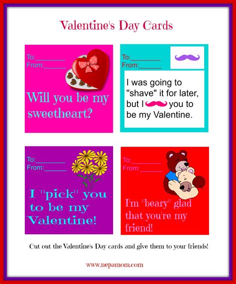 These printable valentine cards print in black & white and add some colors with markers or crayons. Printable Valentine's Day Cards - NEPA Mom