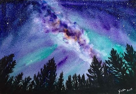 Original Watercolor Landscape Painting Milky Way Galaxy Art