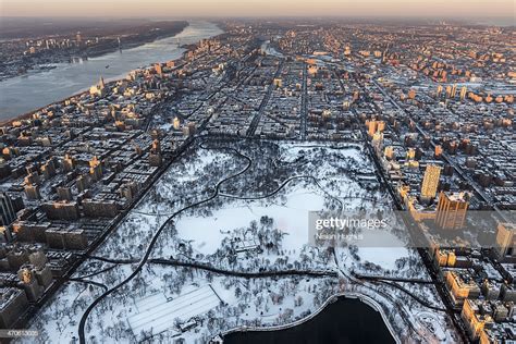 Aerial New York City And Central Park Snow Covered Stock