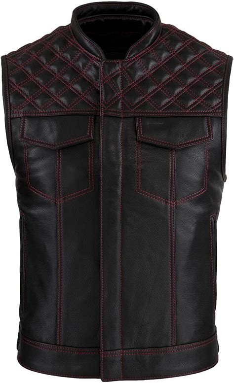 Amazon Com Men S Leather Vest Riding Biker Vest Diamond Stitch