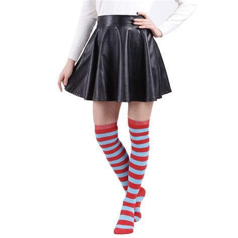 hde hde women s extra long striped socks over knee high opaque stockings red blue stripes