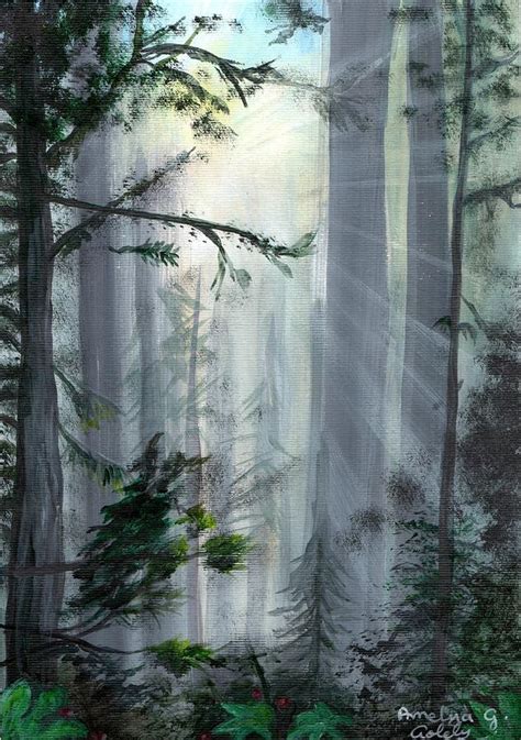 Forest With Sunlight Burst Painting By Amelya Goldy Pixels