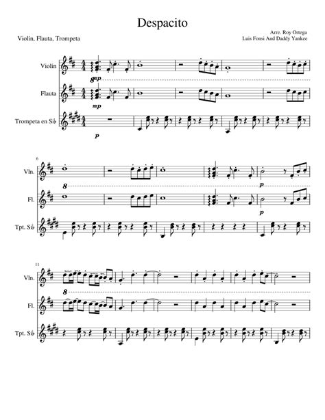 Despacito Sheet Music For Flute Trumpet In B Flat Violin Mixed Trio