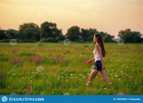 Young Woman Is Walking On Nature Stock Photo Image Of Happy