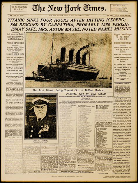 Rms Titanic Sinks New York Times Newspaper Front Page April 16 1912