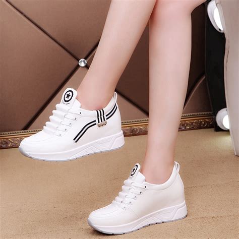 Women Sneakers Fashion White Hidden Wedge Heels Casual Shoes Pu Leather