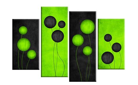Large Lime Green Black Abstract Circles Canvas Pictures Split Multi 4