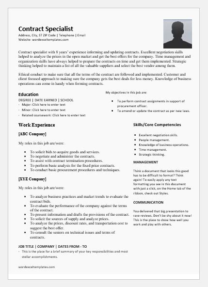 Contract Specialist Resume Template For Word Word And Excel Templates