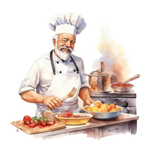 Koch Kocht In Der Küche Aquarell Illustration Auf Weißem Hintergrund