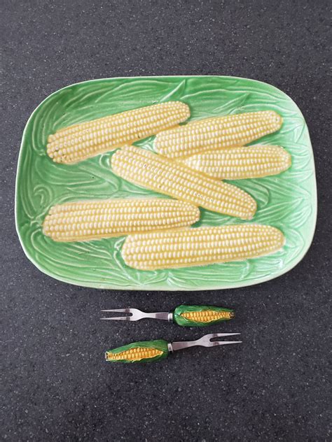 Corn Plate Corn Dish Majolica Serving Dish Green And Yellow Mcm