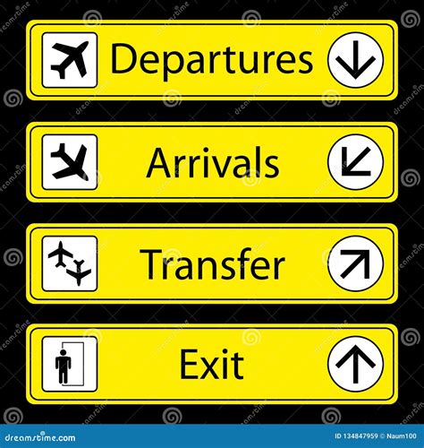 Yellow Airport Signs Departures And Arrivals With Pictograms And Vector