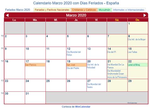 Calendario Marzo 2020 Para Imprimir España